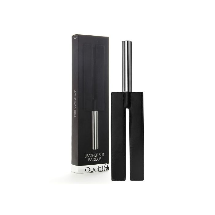 Palmatória Ouch! Leather Slit Paddle Preta Conjunto